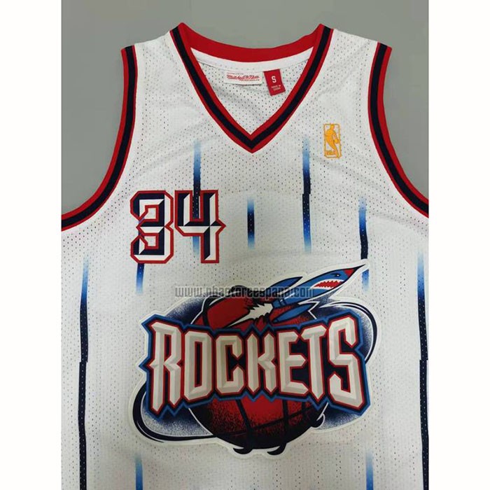 Camiseta Houston Rockets Hakeem Olajuwon NO 34 Mitchell & Ness 1996-97 Blanco